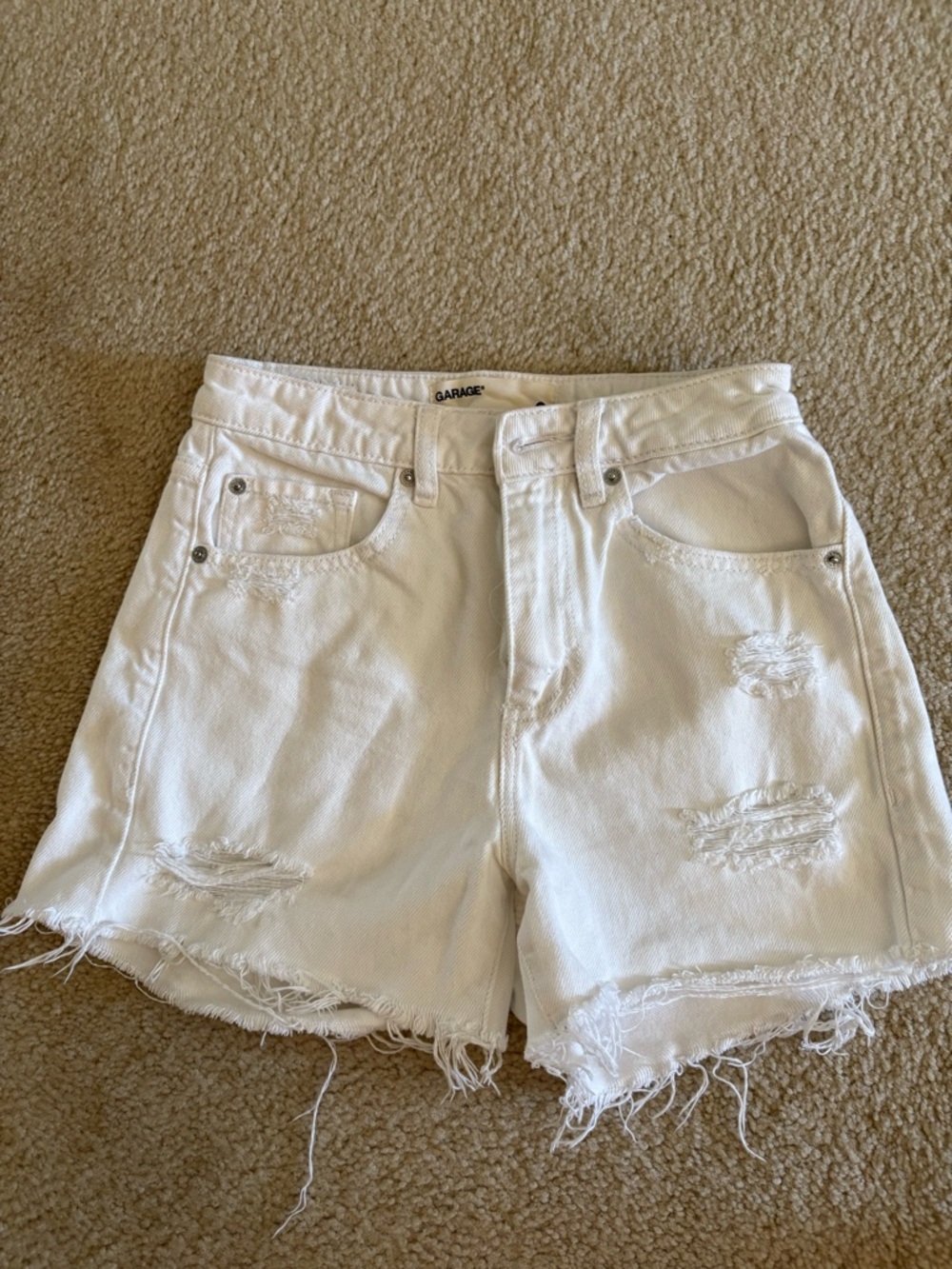 Garage White Distressed High-Rise Denim Shorts